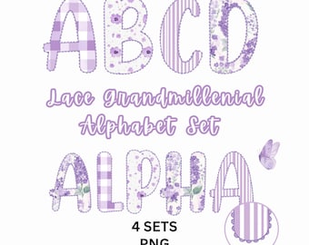 Ensemble alphabet à bordure en dentelle Grandmillennial PNG, alphabet floral lilas preppy, art numérique, lettres Coquette