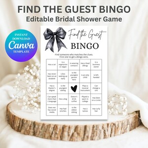 Plantilla Canva del juego de bingo "Encuentra el invitado" | Rompehielos editable para despedida de soltera | Juego de fiesta del lazo negro | Tarjeta de bingo para invitados imprimible
