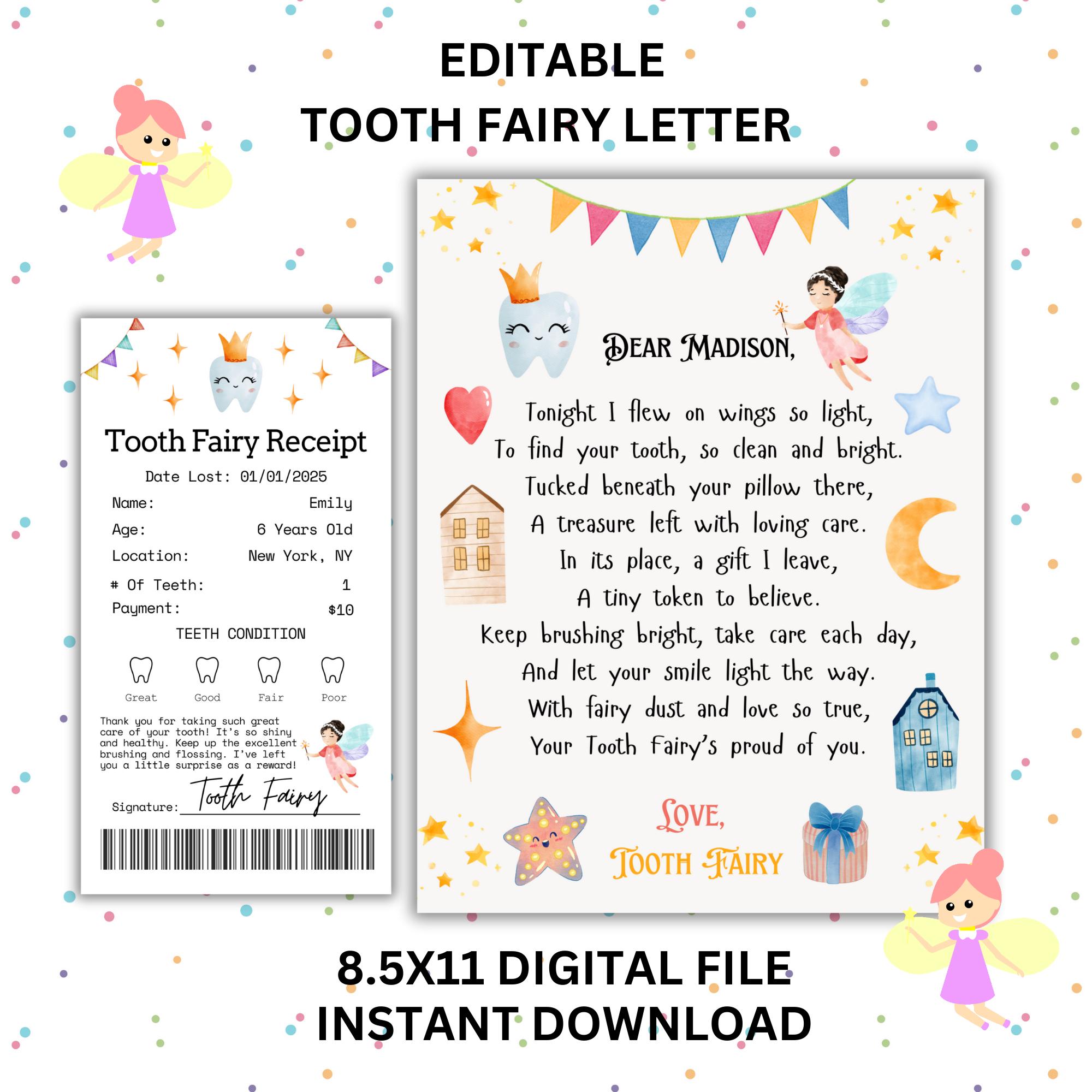 Tooth Fairy Letter With Tooth Fairy Receipt Editable Template, Tooth ...