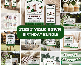 Kit d'anniversaire « Première année » : décorations de football personnalisables, invitation, modèle Canva, 8 éléments à faire soi-même.