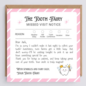 Plantilla de Canva con carta de disculpa en rosa y azul para el Hada de los Dientes, almohada imprimible con carta de "Se olvidó de venir" editable