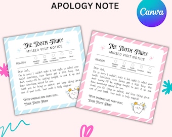 Modèle Canva modifiable de lettre d'excuses de la fée des dents, « La fée des dents a oublié de venir », avis de visite manquée, téléchargement instantané, 5 exemplaires imprimables