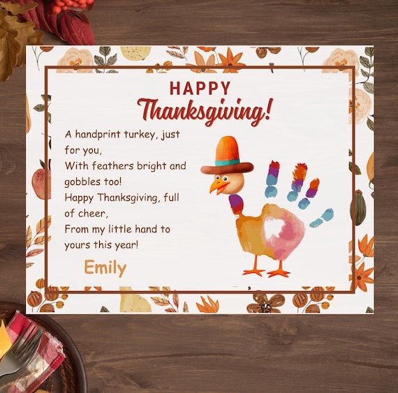 Thanksgiving Handprint Placemat, Turkey Handprint Poem Art, Turkey