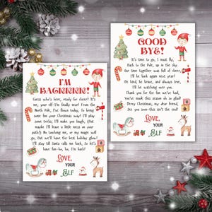 May include: Two Christmas-themed cards with elf illustrations and festive decorations. One card reads "I'M BACK!" with a poem, and the other says "GOOD BYE!" with a farewell message. Both cards feature a watercolor style.