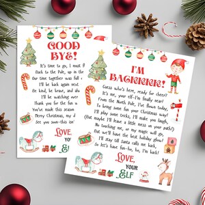 Op de afbeelding: Twee kerstkaarten met feestelijke illustraties. Op de ene staat "GOOD BYE!" en op de andere "I'M BACKKKK!". Beide kaarten bevatten een kerstboom, zuurstok, schommelpaard en andere vakantie-elementen.