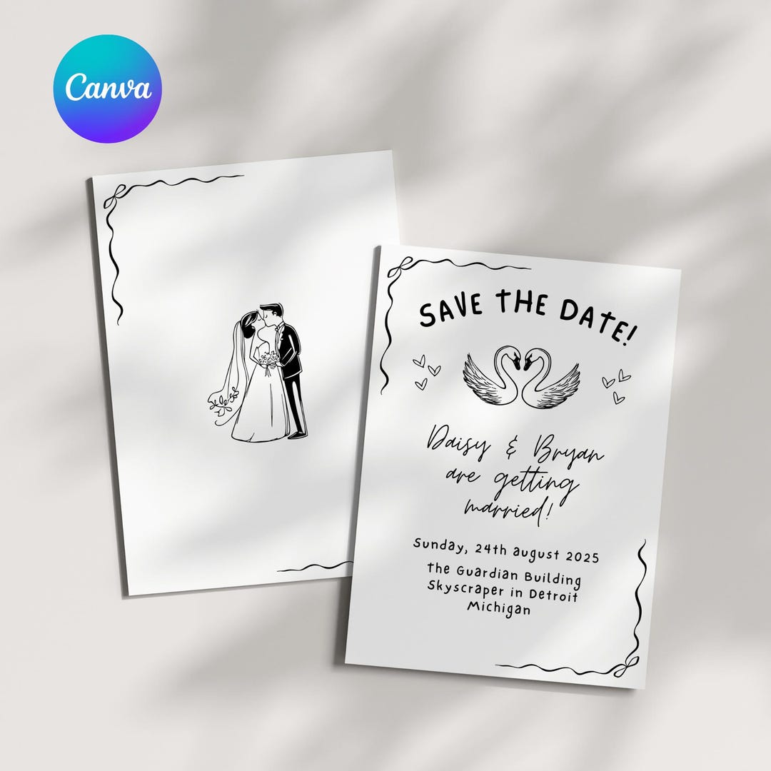Editable Hand Drawn Save the Date Wedding Card Canva Template Printable ...