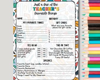 Teacher Favorite Things List Printable, Teacher Appreciation Week Questionnaire, Teacher Gift, All About My Teacher, Getting To Know Teacher