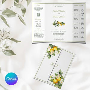 May include: A white wedding invitation featuring a lemon tree design. The invitation details the names Emily Hanstey and Bryan Wilson, the date and time of the wedding, and the location. The invitation also includes an RSVP code and a dress code.