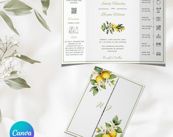 Modèle Canva d'invitation de mariage à volet citron modifiable avec code QR RSVP, invitation de mariage d'été méditerranéen, icônes de chronologie 2
