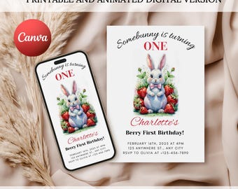 Invitation d'anniversaire « Un lapin fête son premier anniversaire » (modèle Canva modifiable), invitation numérique animée, modèle « Un lapin fête son premier anniversaire » (Berry First Birthday)