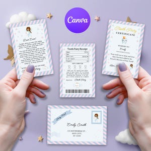 Mini juego de Hada de los Dientes imprimible con sobre, plantilla de Canva, recibo y carta de hada, descarga instantánea y juego de Hada de los Dientes totalmente editable