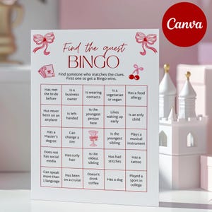 Plantilla editable de Canva para el juego de bingo Find The Guest Bridal Shower, descarga digital, juego Find Someone Who Weds, plantilla Pink Coquette