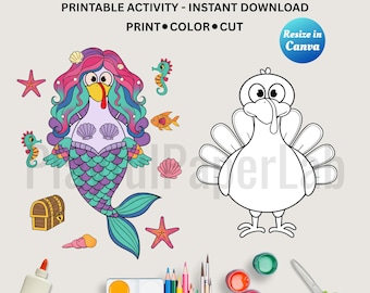 Déguisement de dinde à imprimer, Déguisement de dinde sirène, Activité manuelle pour enfants pour Thanksgiving, Déguisement de dinde à faire soi-même (à imprimer), Téléchargement instantané