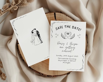 Edytowalna, ręcznie rysowana karta ślubna Save the Date, szablon Canva do druku, minimalistyczny, czarno-biały projekt, ręcznie pisana karta Save the Date