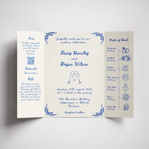 Carte d'invitation de mariage dépliante dessinée à la main, modèle Canva recto verso, programme de mariage fantaisiste modifiable, carte de menu de fête prénuptiale, gribouillage