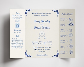 Hand Drawn Gatefold Wedding Invitation Card Double Sided Canva Template Editable Whimsical Wedding Program Bridal Shower Menu Card Doodle