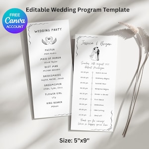 Hand Drawn Wedding Program Template, Elegant Wedding Program, Whimsical Wedding Day Timeline, Order of Service, Wedding Ceremony Template