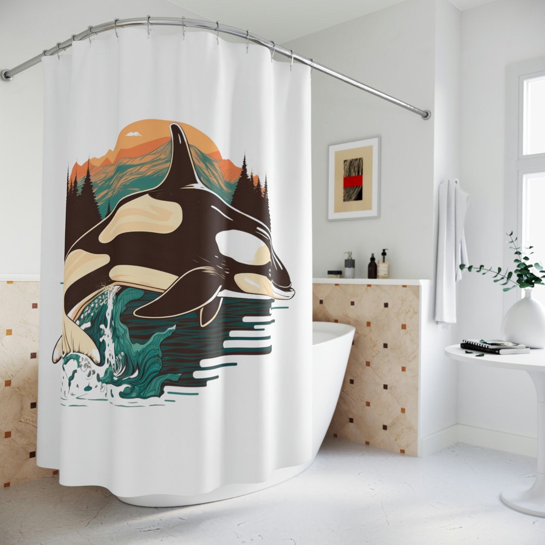 Orca Whales Shower Curtain Retro Whale Bathroom Decor Whale Etsy