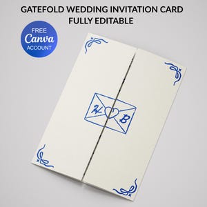 Handgezeichnete Gatefold-Hochzeitseinladungskarte, doppelseitige Canva-Vorlage, bearbeitbar, skurriles Hochzeitsprogramm, Brautparty-Menükarte, Doodle
