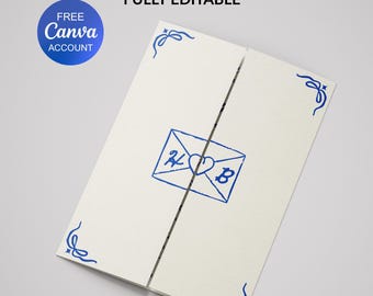Modèle Canva d'invitation de mariage à volets dessiné à la main, invitation avec nœud bleu, invitation coquette bleue française modifiable, téléchargement numérique 1