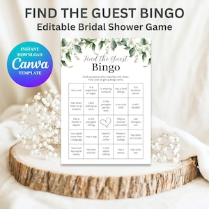 Plantilla Canva del juego "Encuentra al invitado" para la despedida de soltera | Actividad para baby shower con vegetación de eucalipto | Tarjeta de bingo imprimible para romper el hielo en la boda