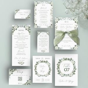 Modèle Canva de suite d'invitations de mariage à l'eucalyptus | Ensemble de mariage de verdure botanique | Réservez la date, RSVP, menu, numéros de table |  Imprimable