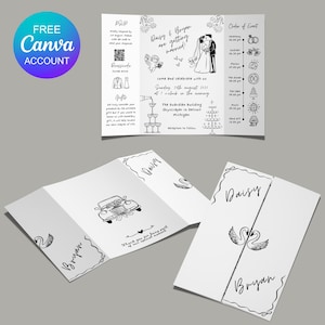Plantilla de invitación de boda desplegable dibujada a mano en Canva, invitación de boda editable con garabatos caprichosos, tarjetas de boda digitales para ceremonia y recepción.