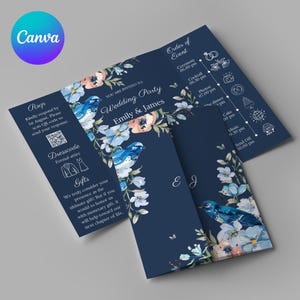 Tarjeta de invitación de boda plegable con diseño floral, plantilla de Canva para invitación de boda de doble cara, programa de boda editable, tarjeta de menú para despedida de soltera