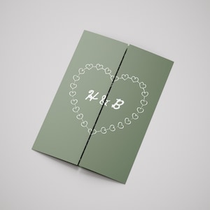 Gatefold Trouwuitnodigingskaart Dubbelzijdig Canva-sjabloon, Bewerkbaar speels trouwprogramma, Bruidsdouchemenukaart, Doodle-evenementmenu