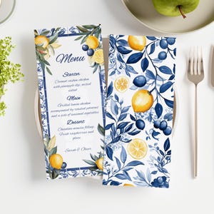 Watercolor Menu Cards Double Sided Mediterranean Style Canva Template Editable, Instant Download, Amalfi Menu Design, Italian Menu Design