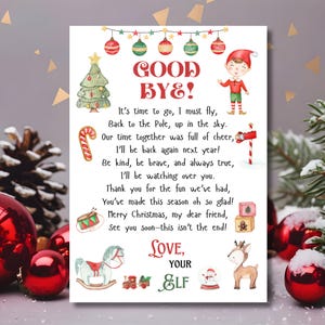 Puede incluir: Una tarjeta navideña con la frase "GOOD BYE!" en rojo. La tarjeta presenta ilustraciones de un árbol de Navidad, un elfo, un bastón de caramelo y otros elementos festivos. El texto incluye un mensaje de despedida.