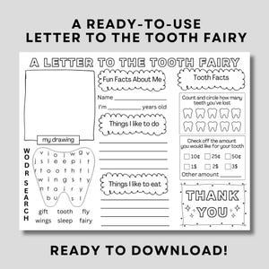 Página para colorear de la letra del Hada de los Dientes – Actividad imprimible para niños | Recuerdo del primer diente perdido | Hoja de trabajo divertida del Hada de los Dientes (PDF)