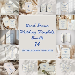 Könnte beinhalten: Eine Sammlung von 14 handgezeichneten Hochzeitsschablonen in einem blau-weißen Farbschema. Die Vorlagen sind für die Verwendung mit Canva konzipiert und umfassen eine Vielzahl von Designs, wie z. B. Einladungen, Tischnummern und Menüs.