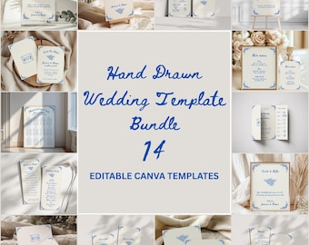 Ensemble de panneaux de mariage dessinés à la main, modèle de suite d'invitation de mariage Canva, ensemble d'invitations de mariage fantaisistes Doodle, programme de mariage modifiable