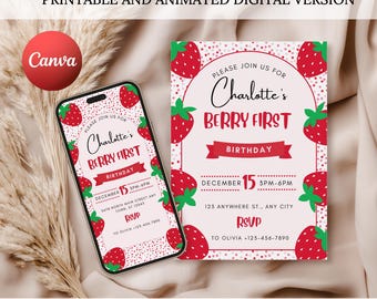 Modèle Canva d'invitation animée sur le thème des fraises pour un premier anniversaire, Pack d'invitations pour un premier anniversaire sur le thème des baies, Numérique et imprimable, Doux enfant, Modifiable 4