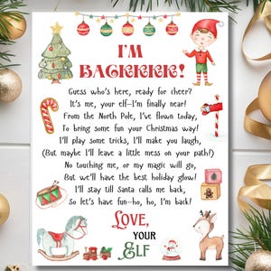 Estoy de vuelta Elf On The Shelf Carta Carta de llegada de elfo Pdf imprimible Elfos divertidos llegan para Navidad Linda carta de bienvenida de Santa para niños