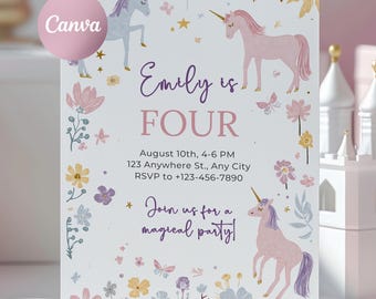 Invitation d'anniversaire licorne, invitation magique arc-en-ciel pastel dessinée à la main pour une fête d'anniversaire de fille, modèle Canva modifiable à télécharger