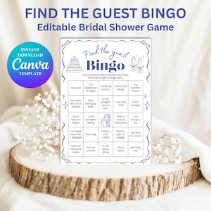 Bingo "Encuentra al Invitado": Juego minimalista para despedida de soltera, rompehielos en la recepción, bingo para socializar y socializar, plantilla editable de Canva, caprichoso