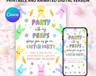 Easter Egg Hunt Animated Invitation Canva Template, Party With My Peeps, Easter Party Bunny Invite, Instant Download