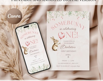 Invitation pour le premier anniversaire « Somebunny is One » : modèle Canva, invitation vidéo lapin modifiable, format numérique et imprimable, pour une petite fille de 1 an.