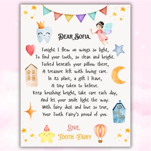 Carta personalizada del hada de los dientes con nombre personalizado, nota imprimible del hada de los dientes, descarga digital para el primer diente, regalo y recibo del hada de los dientes.