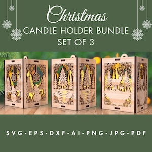 Portavelas de Navidad Paquete de archivos cortados con láser SVG Glowforge Feliz Navidad Decoración de madera Archivo grabado con láser 3D Lámpara de mesa de madera con láser regalo