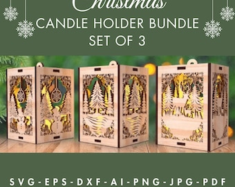 Christmas Candle Holder Laser Cut File Bundle SVG Glowforge Merry Christmas Wood Decor Laser Engraved File 3D Laser Wooden Table Lamp Gift