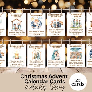 Cartões de calendário do advento História da Natividade de Natal para crianças, adolescentes e adultos Versículo da Bíblia Natal Contagem regressiva para impressão Escritura Flashcards