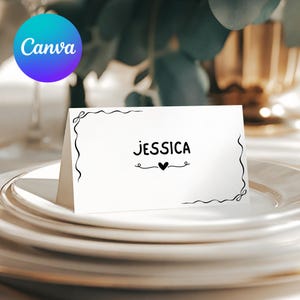 Modelo de cartão de lugar para casamento escrito à mão no Canva, cartão de nome de casamento com rabiscos, cartão de mesa para impressão, cartão de assento desenhado à mão, download instantâneo