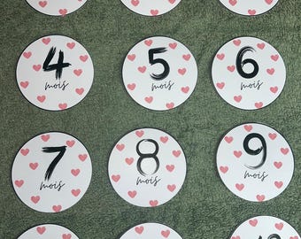 Cartes étapes bébé - Première année bébé - Mois anniversaires - 1ère année - grossesse - coeur rose - coeur bleu