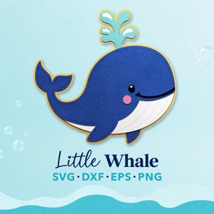 Puede incluir: Un gráfico de ballena azul oscuro con un chorro de agua azul claro, vientre blanco y mejillas rosadas. El diseño presenta un contorno dorado e incluye el texto Little Whale SVG DXF EPS PNG en fuente azul oscuro bajo la ilustración.