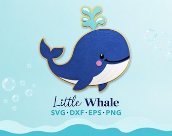 Archivo de corte en capas SVG de ballena para Cricut, adorno para pastel de ballena, manualidades de papel, cumpleaños oceánico, baby shower, guardería, decoración para fiestas de animales marinos lindos