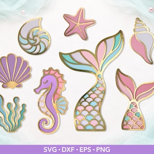 May include: A collection of digital illustrations featuring a seahorse, two mermaid tails, a starfish, a scallop shell, a spiral shell, and seaweed. Each element has gold outlines and a pastel color palette of pink, purple, and light blue.