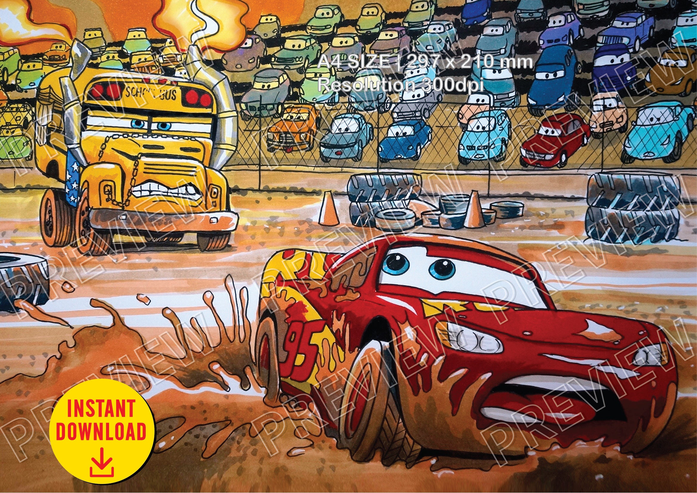 Miss Fritter chases Lighting McQueen . Drawing and Coloring by Tim Tim TV